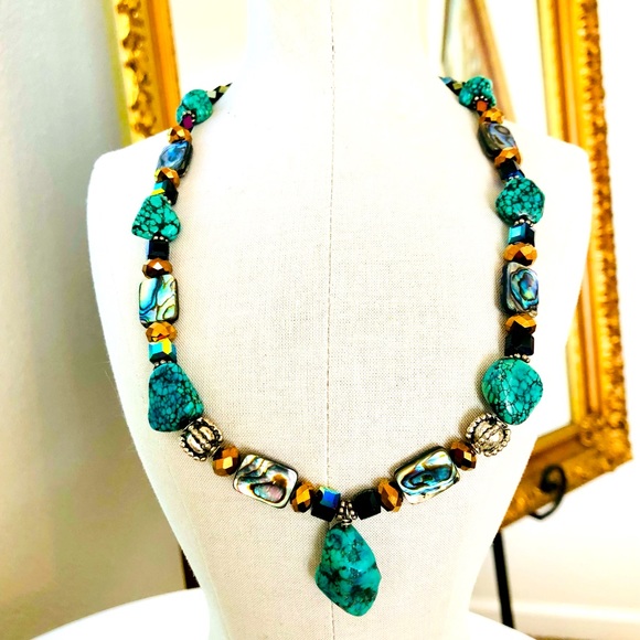 Vintage Turquoise Abalone Bead Necklace - Picture 4 of 14